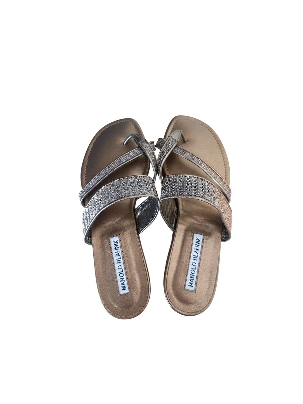 Manolo Blahnik Metallic Bronze Leather Mesh Toe Ring Flat Sandals Size 36